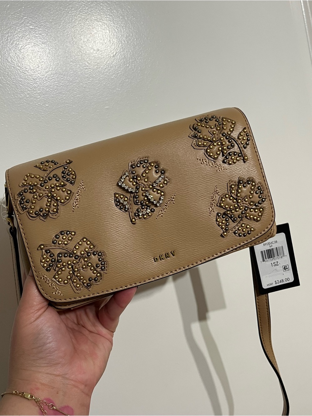NWT! DKNY Paige Floral Leather Embellished Crossbody Bag